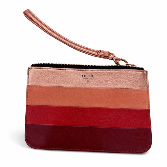 Fossil Handbags - Fossil Colorblock Leather Wristlet Zip Wallet Red Pink Brown Zipper wristlet